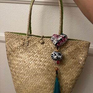 Woven Straw Tote Bag with Green-Trim Handles